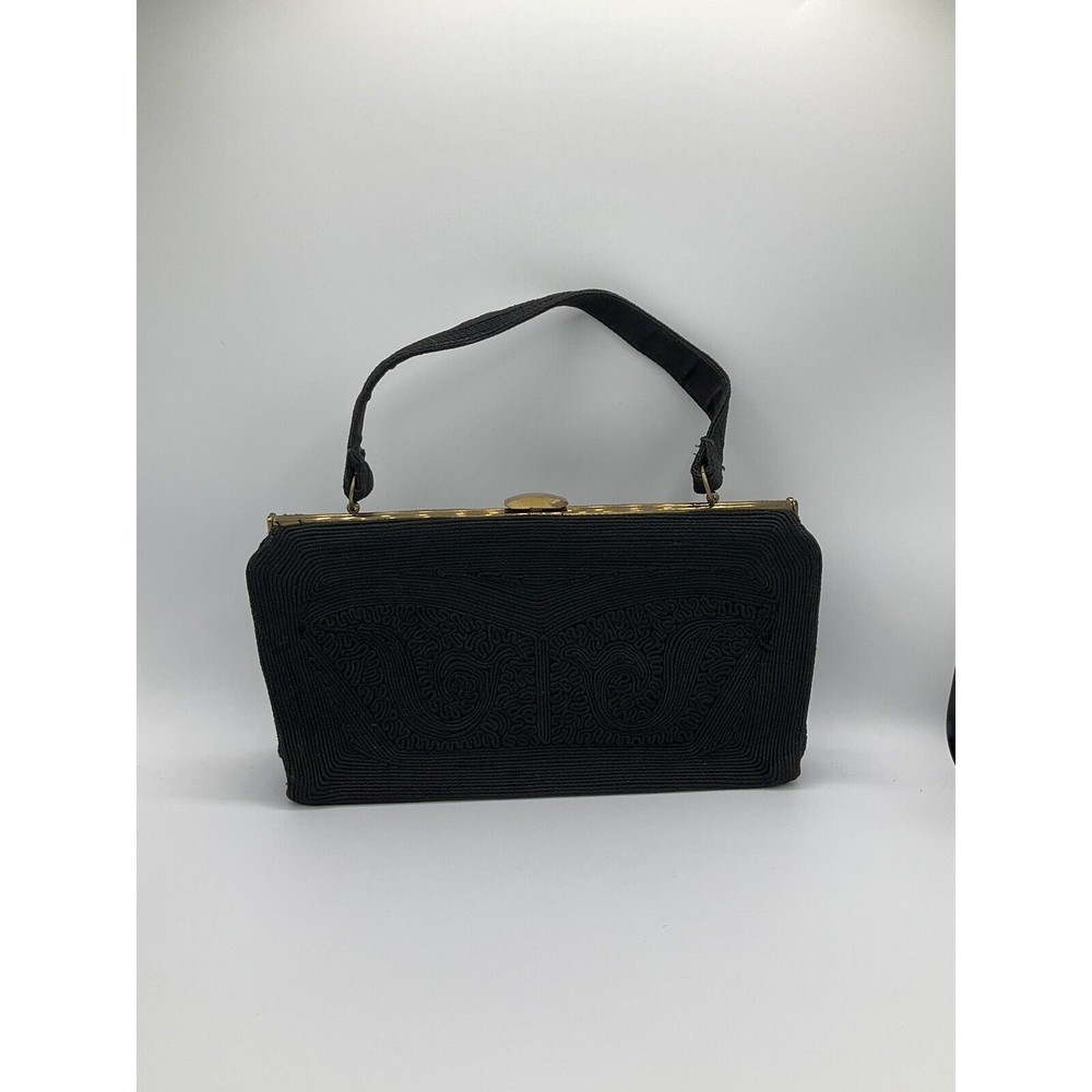 Vintage Corde Womens Shoulder Bag Black 1940s Retro Evening Textured Party